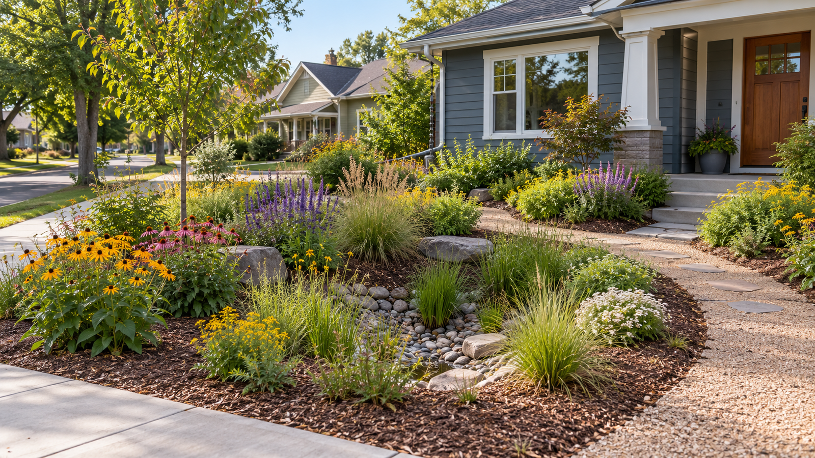 Residential garden with layered flowering plants, mulch and a permeable path