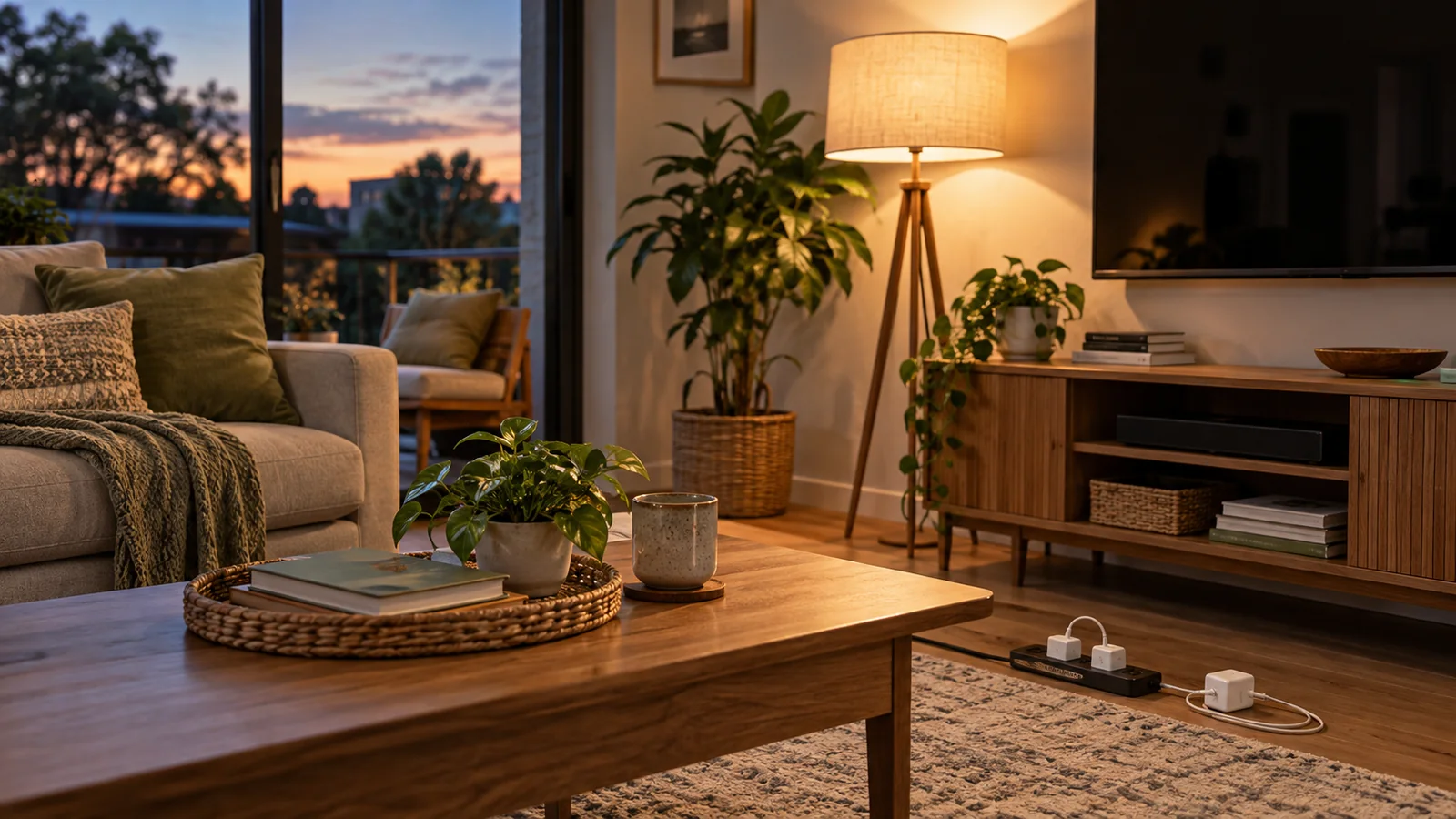 Cozy living room with an accessible power strip and energy-efficient lighting at dusk
