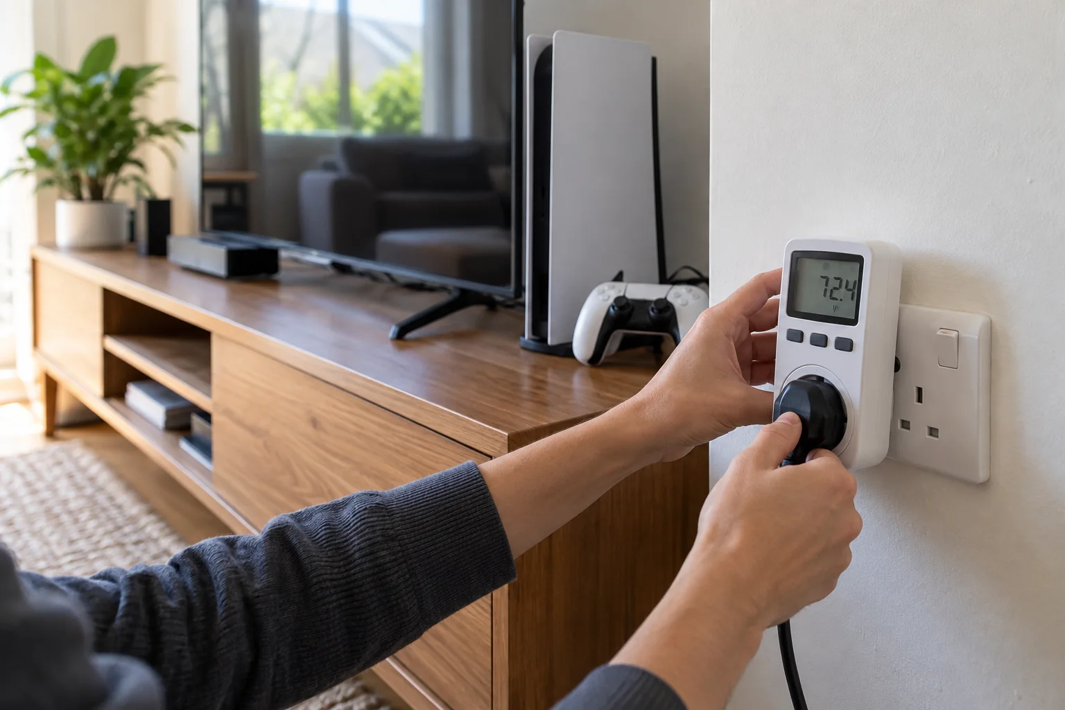 Person measuring standby electricity use at a television and game console setup