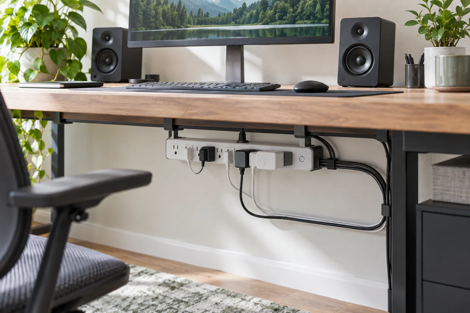 Accessible smart power strip mounted beneath an organized home office desk