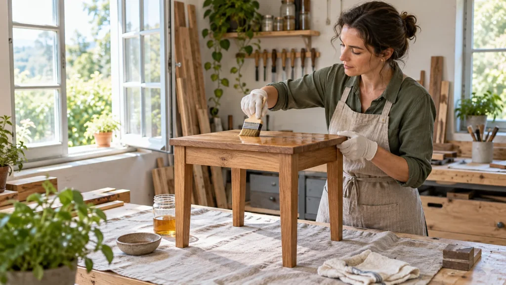 Craftsperson applying a low-emission finish to a solid-wood side table in a ventilated workshop
