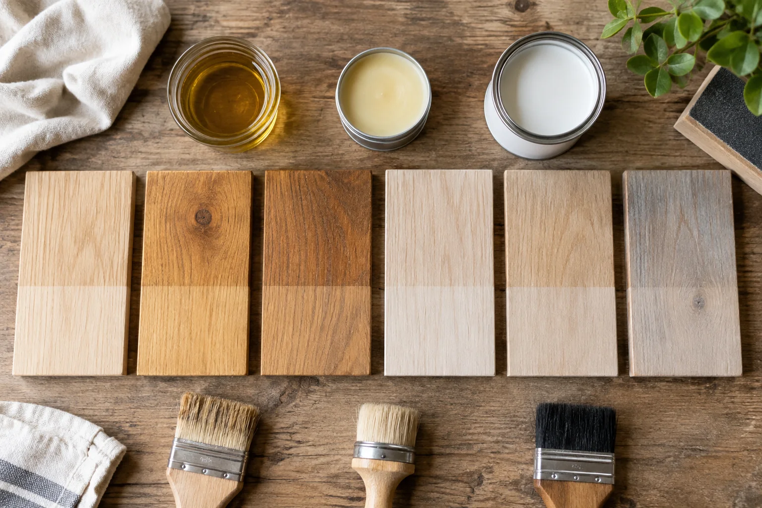 Wood finish samples tested on matching boards with brushes arranged on a workbench
