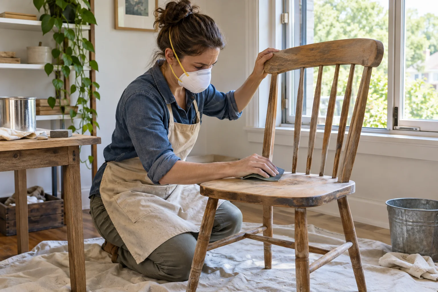 Person safely sanding a wooden chair beside an open window with a dust mask and drop cloth
