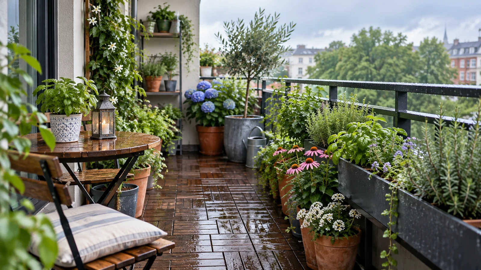 Rain-ready apartment balcony garden with stable containers and a clear walkway