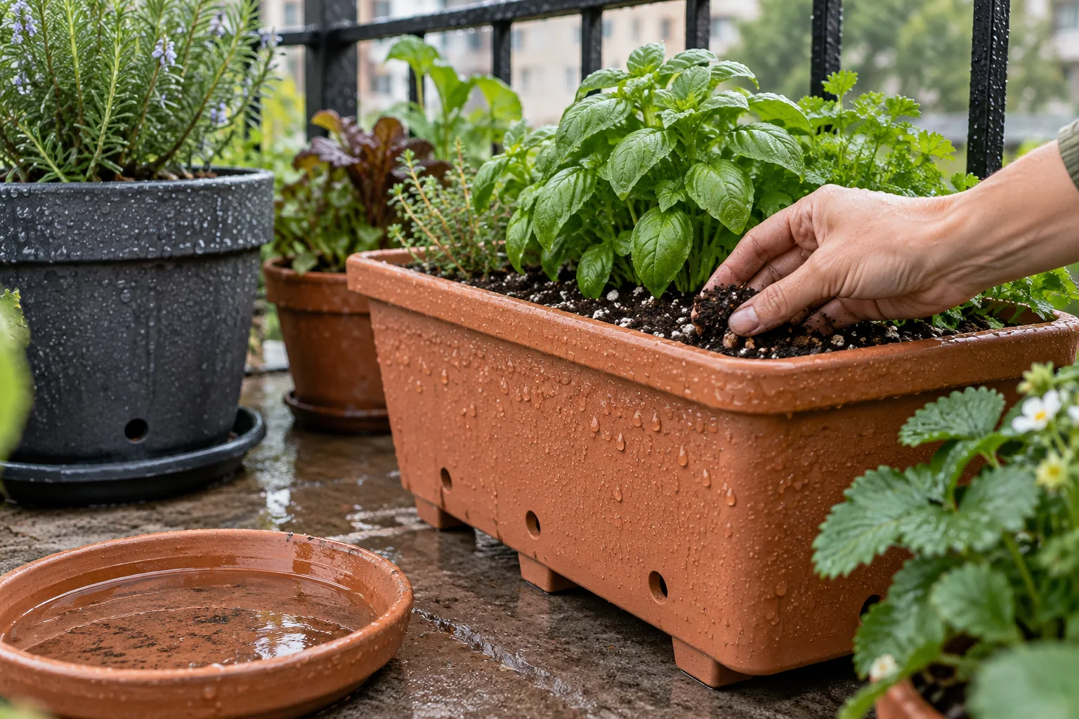 Balcony planters raised on pot feet with drainage holes and saucers visible after rain