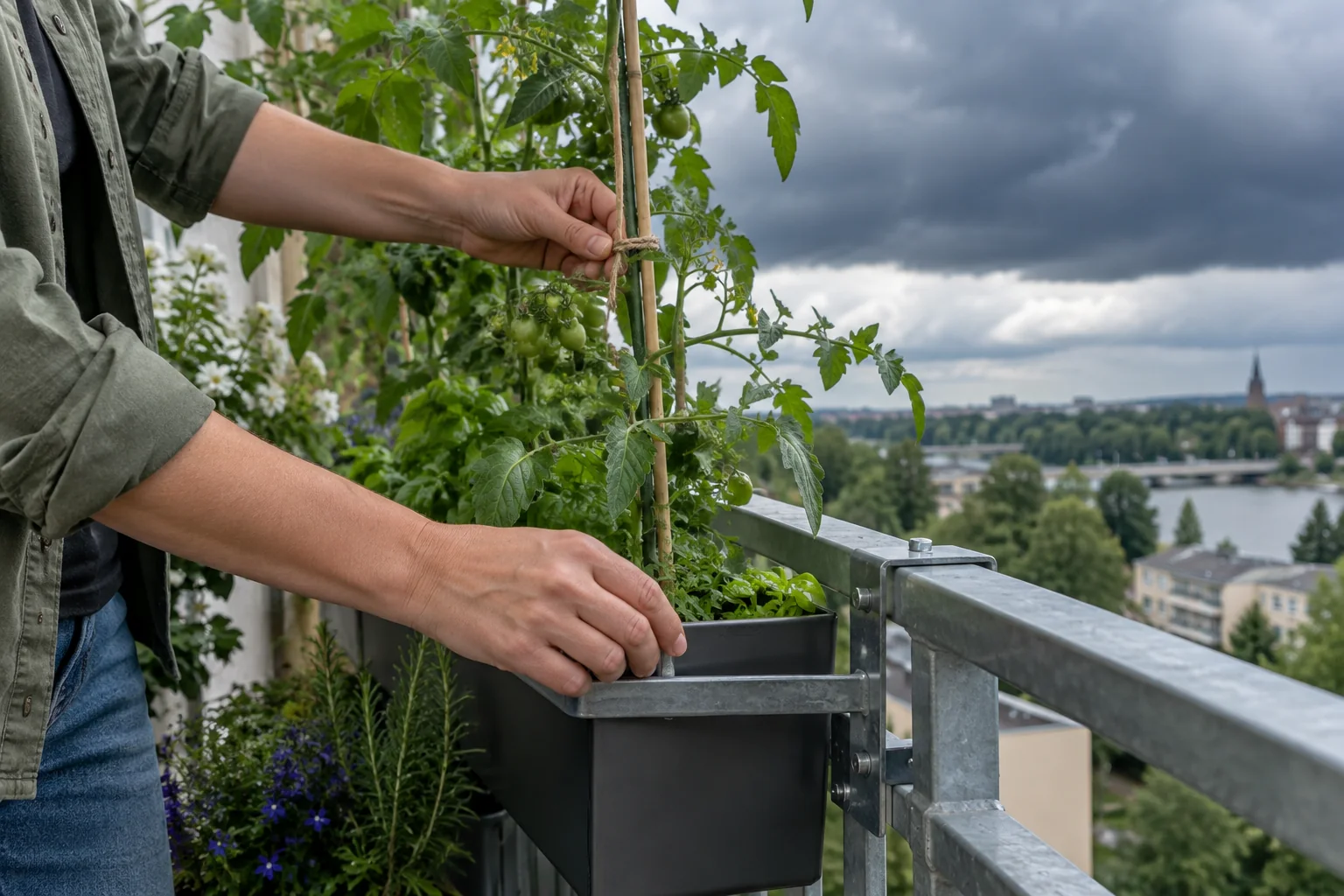 Gardener securing a balcony plant to a support and checking a sturdy planter bracket